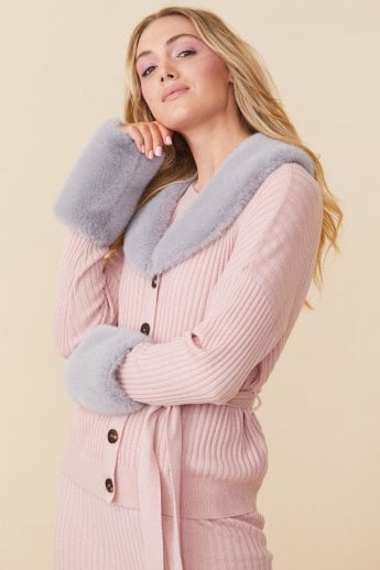JAYLEY Pink Cashmere Cardigan with Detachable Faux Fur Collar & Cuffs