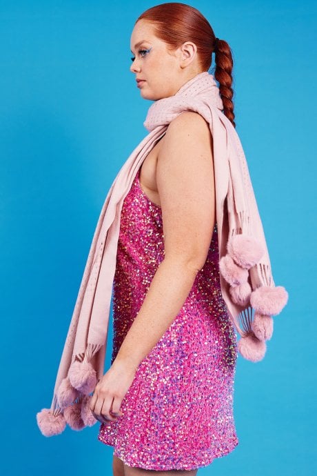JAYLEY Pink Cashmere Wrap With Heart Poms