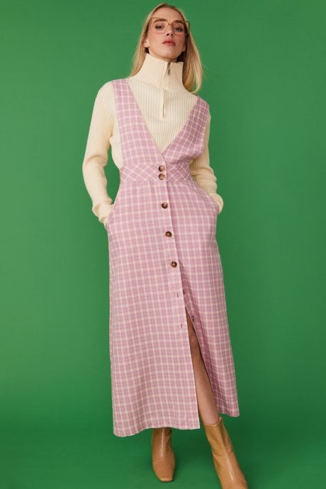 JAYLEY Pink Check Print Maxi Pinafore Dress