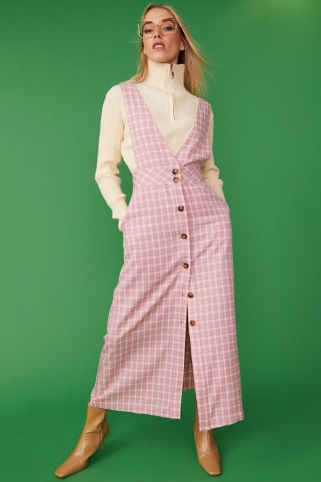 JAYLEY Pink Check Print Maxi Pinafore Dress