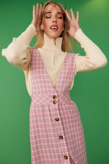 JAYLEY Pink Check Print Maxi Pinafore Dress