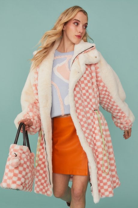 JAYLEY Pink Checkered Faux Fur Bag Faux Fur Bag