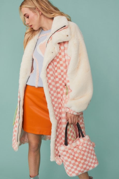 JAYLEY Pink Checkered Faux Fur Bag Faux Fur Bag