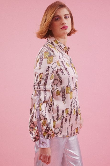 JAYLEY Pink Cotton Blend Belt Printed Shirt