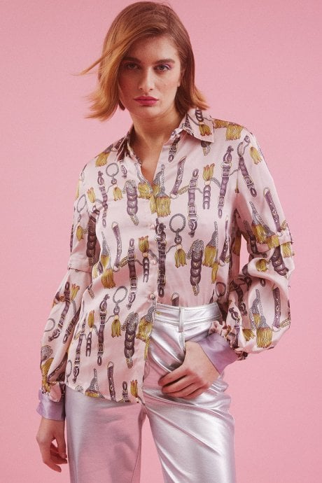 JAYLEY Pink Cotton Blend Belt Printed Shirt