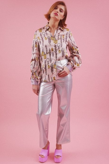 JAYLEY Pink Cotton Blend Belt Printed Shirt