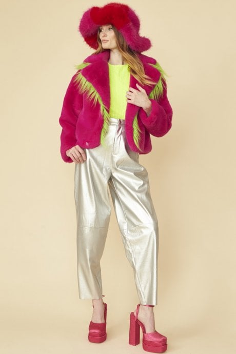 JAYLEY Pink Cropped Knitted Faux Fur Jacket