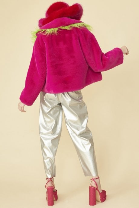 JAYLEY Pink Cropped Knitted Faux Fur Jacket