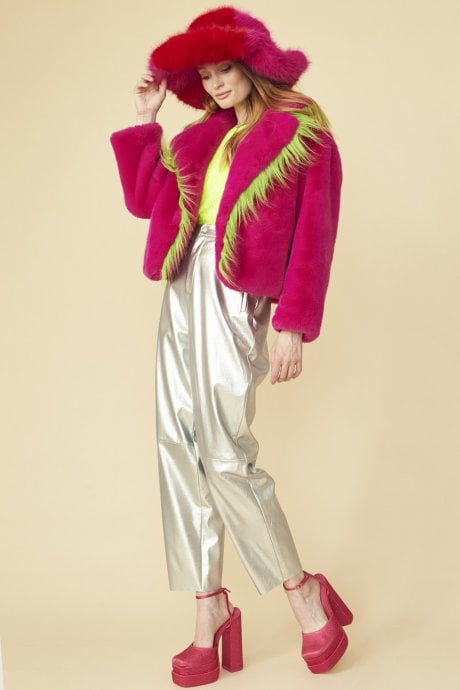 JAYLEY Pink Cropped Knitted Faux Fur Jacket