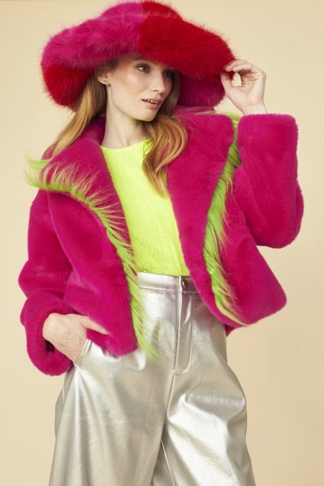 JAYLEY Pink Cropped Knitted Faux Fur Jacket