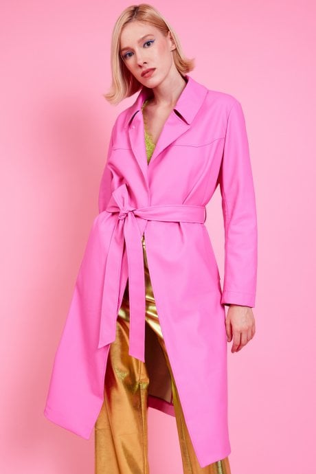 JAYLEY Pink Eco Leather Trench Coat With Faux Fur Collar