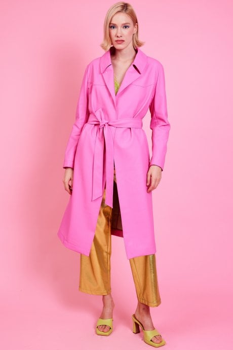 JAYLEY Pink Eco Leather Trench Coat With Faux Fur Collar
