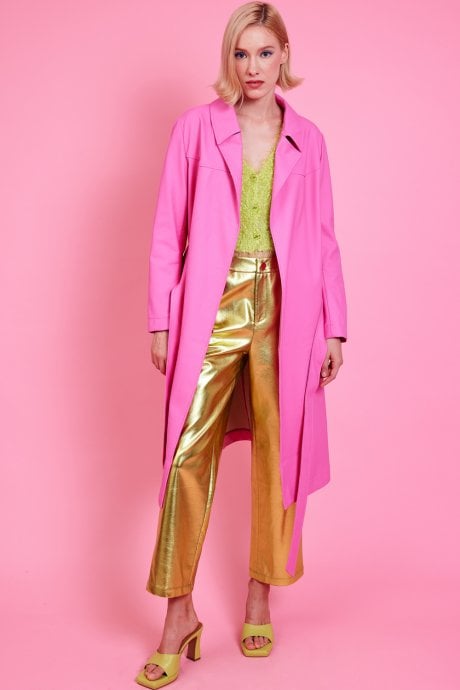 JAYLEY Pink Eco Leather Trench Coat with Faux Fur Collar
