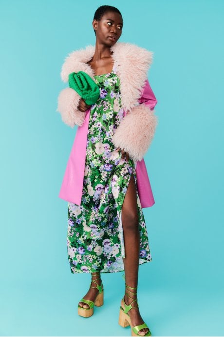 JAYLEY Pink Eco Leather Trench Coat With Faux Mongolian Fur Cuffs And Collar