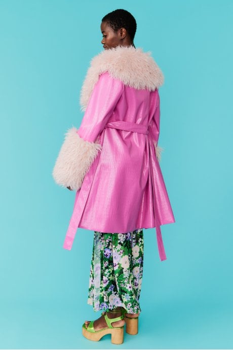 JAYLEY Pink Eco Leather Trench Coat With Faux Mongolian Fur Cuffs And Collar