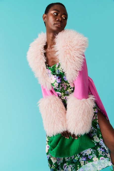 JAYLEY Pink Eco Leather Trench Coat with Faux Mongolian Fur Cuffs and Collar