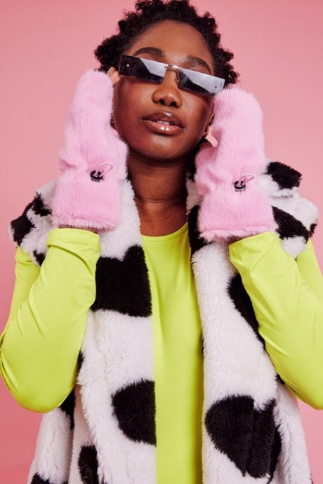 JAYLEY Pink Faux Fur Adjustable Fingerless Gloves