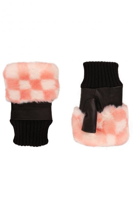 JAYLEY Pink Faux Fur Check Fingerless Gloves