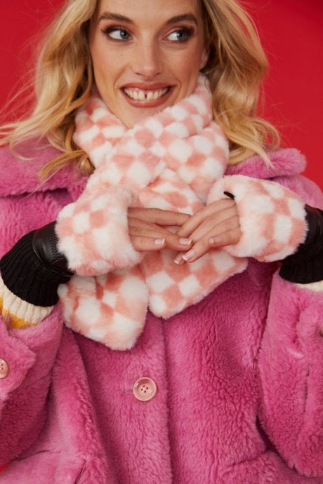 JAYLEY Pink Faux Fur Check Fingerless Gloves