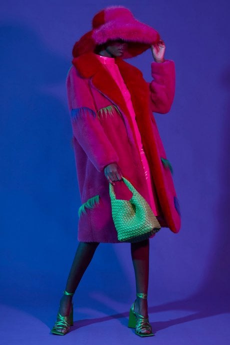 JAYLEY Pink Faux Fur Colour Clash Dazzle Coat