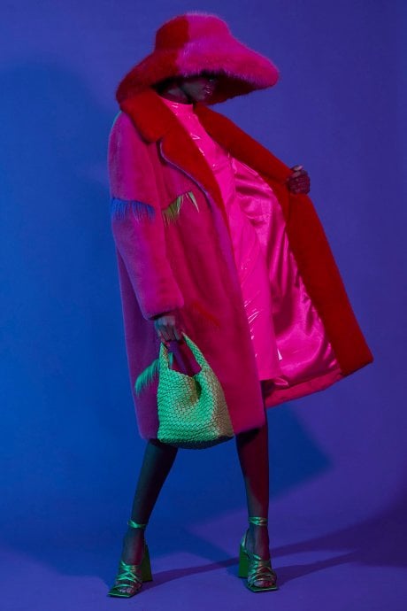 JAYLEY Pink Faux Fur Colour Clash Dazzle Coat