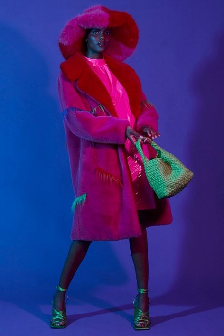 JAYLEY Pink Faux Fur Colour Clash Dazzle Coat