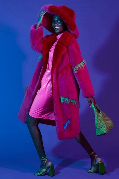 JAYLEY Pink Faux Fur Colour Clash Dazzle Coat