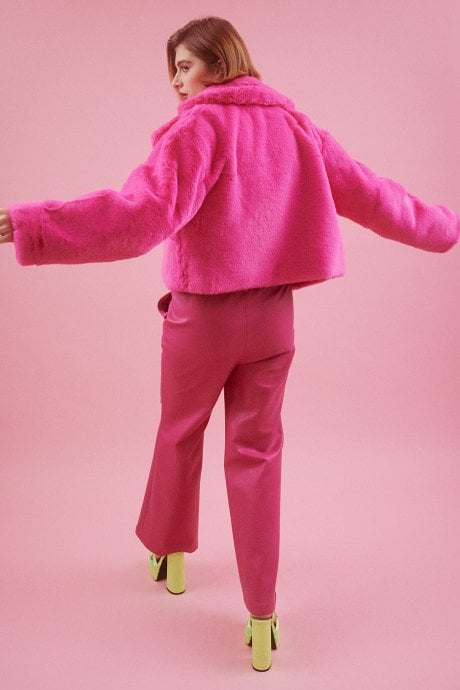 JAYLEY Pink Faux Fur Cropped Coat