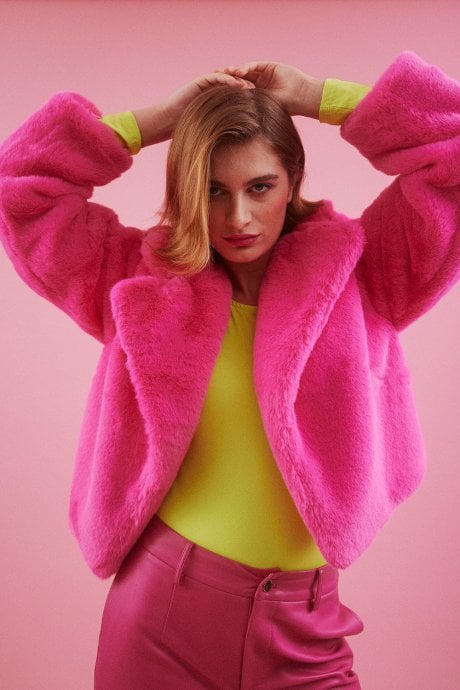 JAYLEY Pink Faux Fur Cropped Coat