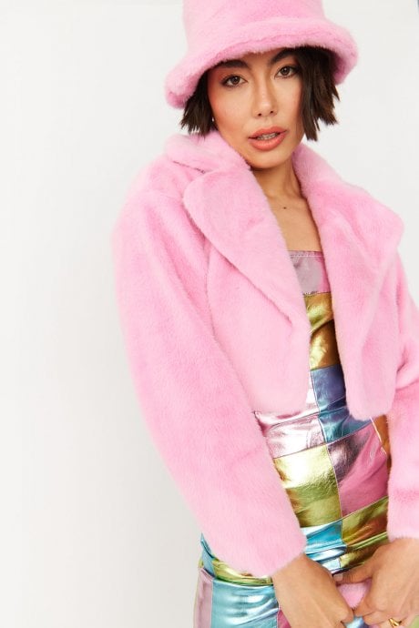 JAYLEY Pink Faux Fur Cropped Jacket