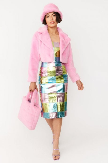 JAYLEY Pink Faux Fur Cropped Jacket