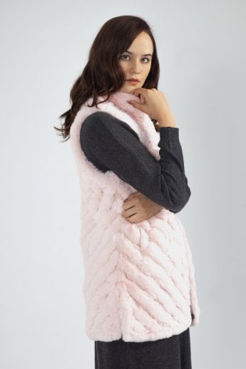 JAYLEY Pink Faux Fur Faux Suede Diagonal Striped Long Gilet | Waistcoat