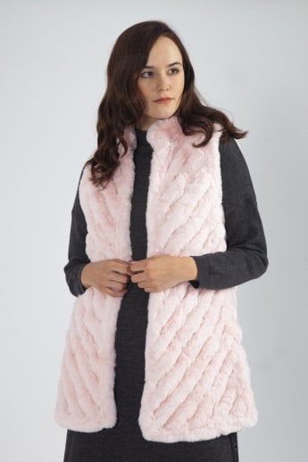 JAYLEY Pink Faux Fur Faux Suede Diagonal Striped Long Gilet | Waistcoat