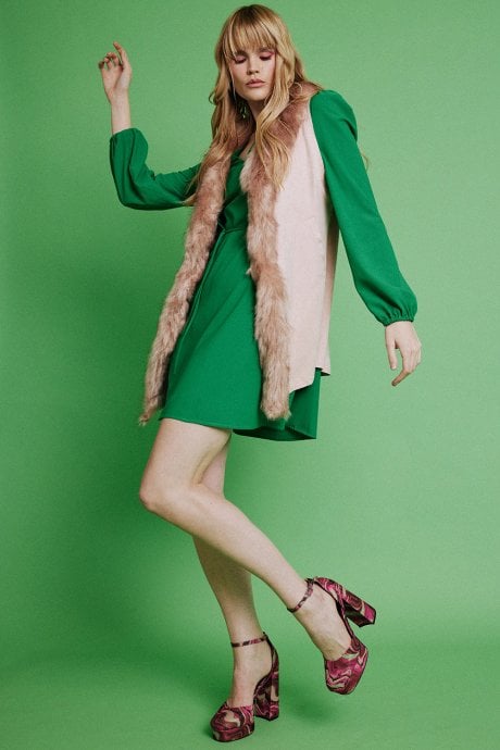 JAYLEY Pink Faux Fur Faux Suede Long Gilet | Waistcoat