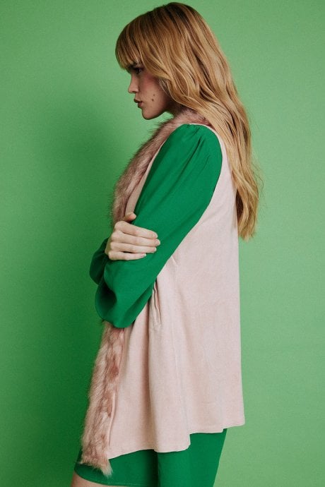 JAYLEY Pink Faux Fur Faux Suede Long Gilet | Waistcoat