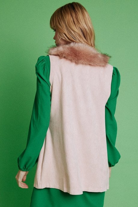 JAYLEY Pink Faux Fur Faux Suede Long Gilet | Waistcoat