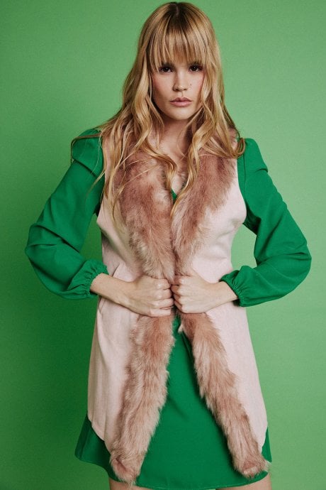 JAYLEY Pink Faux Fur Faux Suede Long Gilet | Waistcoat