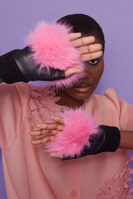 JAYLEY Pink Faux Fur Fingerless Gloves