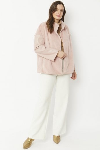 JAYLEY Pink Faux Fur Jacket With Leather Effect Sleeve