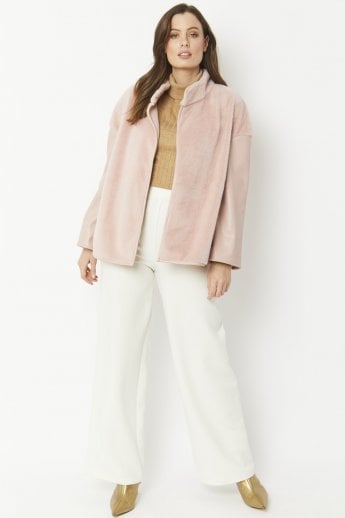 JAYLEY Pink Faux Fur Jacket With Leather Effect Sleeve
