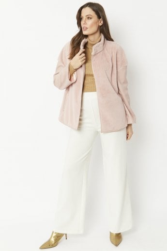JAYLEY Pink Faux Fur Jacket With Leather Effect Sleeve