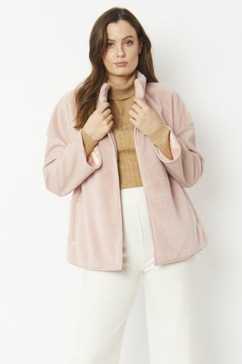 JAYLEY Pink Faux Fur Jacket with Leather Effect Sleeve