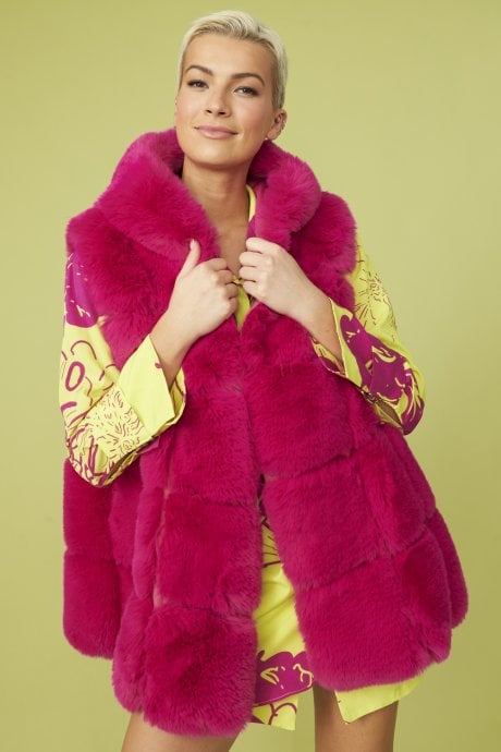 JAYLEY Pink Faux Fur Long Hooded Gilet | Waistcoat