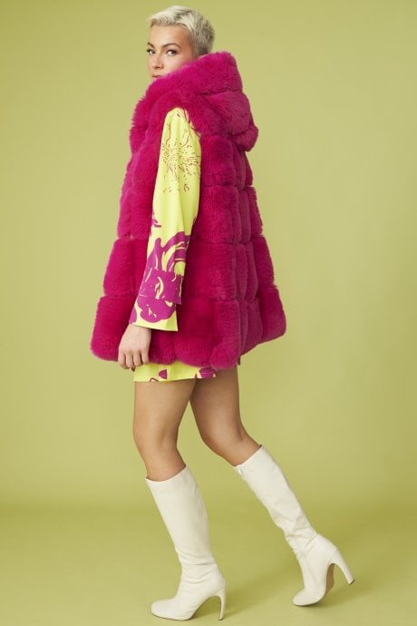 JAYLEY Pink Faux Fur Long Hooded Gilet | Waistcoat