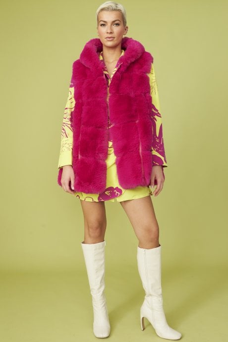 JAYLEY Pink Faux Fur Long Hooded Gilet | Waistcoat