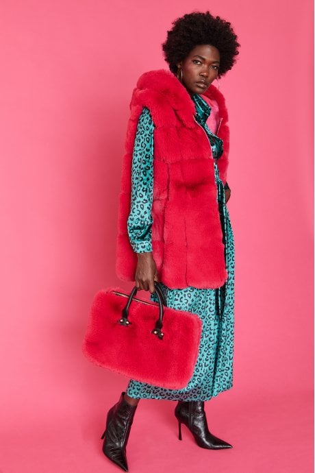 JAYLEY Pink Faux Fur Long Hooded Gilet | Waistcoat