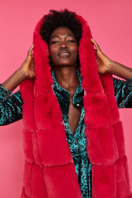 JAYLEY Pink Faux Fur Long Hooded Gilet | Waistcoat