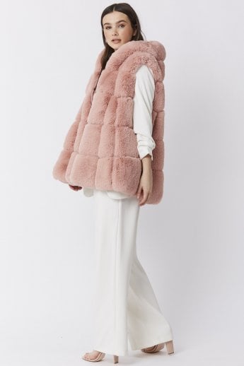 JAYLEY Pink Faux Fur Long Hooded Gilet | Waistcoat