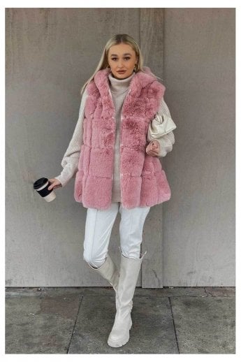 JAYLEY Pink Faux Fur Long Hooded Gilet | Waistcoat