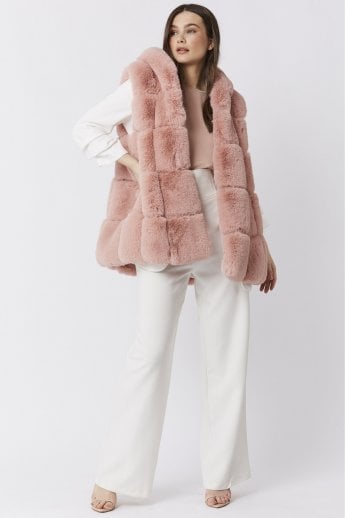 JAYLEY Pink Faux Fur Long Hooded Gilet | Waistcoat